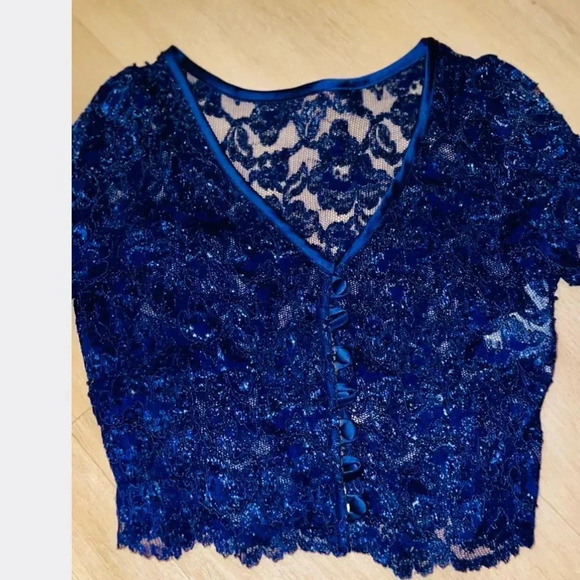 VINTAGE ROBERTA EINER ROYAL BLUE SHEER SPARKLING LACE CROP WITH BUTTONS SIZE M - Picture 13 of 16